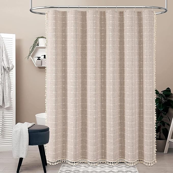 BTTN 84 Inch Wide Shower Curtain - 84x72 Boho Farmhouse Fabric Thick Shower Curtain Set with 14 Plastic Hooks, Large Country Rustic Simple Water-Resistant Cloth Bath Curtains for Bathroom - Taupe/Tan
