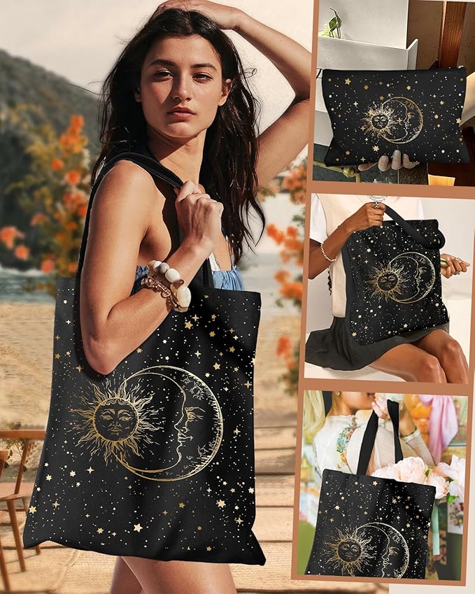 Aesthetic 2 Pack Canvas Tote Bag - with Makeup Zipper Pouch for Women Bag for Shopping, Gym, Travel, Vacation