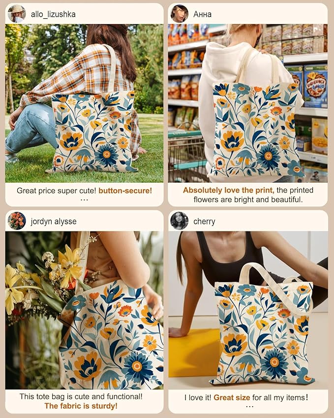Canvas Tote Bag for Women – Aesthetic Canvas Bag with Zipper Cute Stylish Reusable Shoulder Totes for Shopping Work Daily Vacation, Blue Yellow Flower