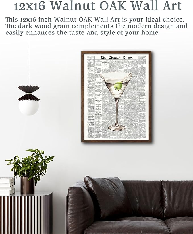 EcoHest Trendy Newspaper Martini Framed Wall Art, 12x16 in Walnut Color OAK Wood Retro Bar Cart Canvas Art, Magazine Aesthetic Apartment Art, Funky 70's Set of 1 for Bedroom Living Room