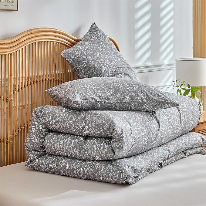 mixinni 3 Pieces Duvet Covers Queen Size, 100% Cotton Comforter Cover Wildflower Printed on Grey Floral Bedding Set with Zipper Closure 4 Ties (1 Duvet Cover 90"x90", 2 Pillow Cases 20"x26")