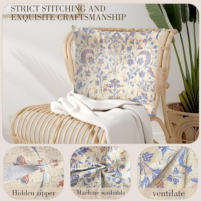 Boho Floral Throw Pillow Covers 20x20 inch Set of 2,Cream Boho Rug Geometric Floral Pattern Decor Double Sided Pattern Cushion Cover Soft Pillow Case Living Sofa Room Bed Square Pillow Cover