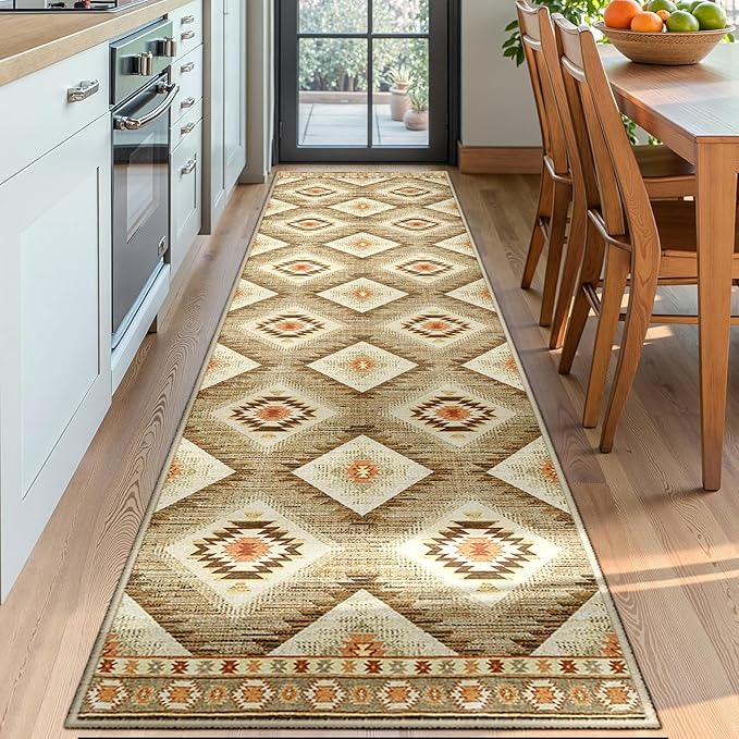 Area Rug 2x10 Rug Machine Washable Non-Slip Low Pile Print Pattern Western Rug for Living Room Bedroom Entryway Tribal Series -Cream/Camel