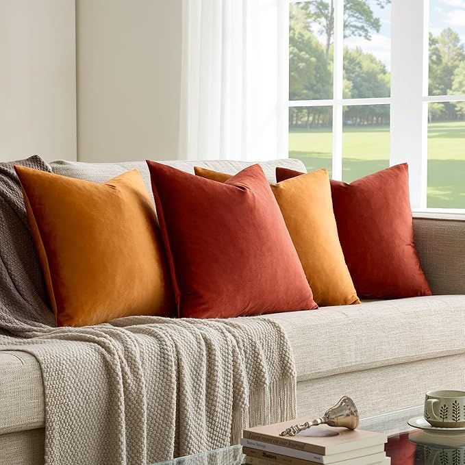 GIGIZAZA Velvet Burnt Orange Pillow Covers 18x18,Pack of 4 Decorative Throw Pillow Soft Covers Square Couch Pillow Modern Covers Living Room Luxury Cushion Covers