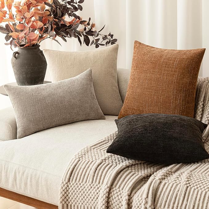 Foindtower Set of 2 Textured Chenille Throw Decorative Pillow Covers Square Accent Solid Cushion Cover Neutral Farmhouse Lumbar Pillow Case for Couch Sofa Bedroom Living Room 12x24 Inch,Light Taupe