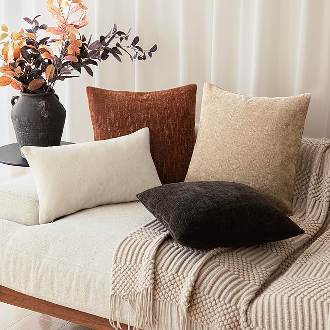 Foindtower Pack of 2 Soft Textured Chenille Throw Decorative Pillow Covers Square Accent Solid Cushion Cover Cozy Neutral Farmhouse Pillow Case for Couch Sofa Bedroom Living Room 16x16 Inch,Red Taupe