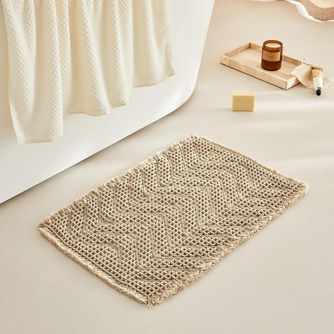 Bathroom Rugs Super Absorbent Boho Bath Mats Non Slip Washable Rugs for Bathroom Quick Dry Floor Mat, Ultra Soft Waffle Bath Mat,Brown,17"*24"