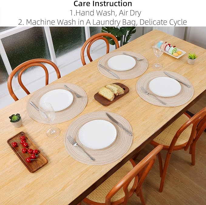 SHACOS 15 inch Beige Round Placemats Set of 12 for Dining Table Woven Braided Circle Place Mats Kitchen Placemat Washable Table Mats