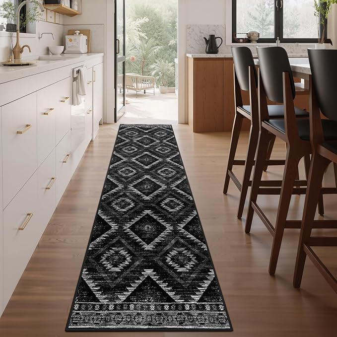 Area Rug 2x6 Rug Machine Washable Non-Slip Low Pile Print Pattern Western Rug for Living Room Bedroom Entryway Tribal Series-Black
