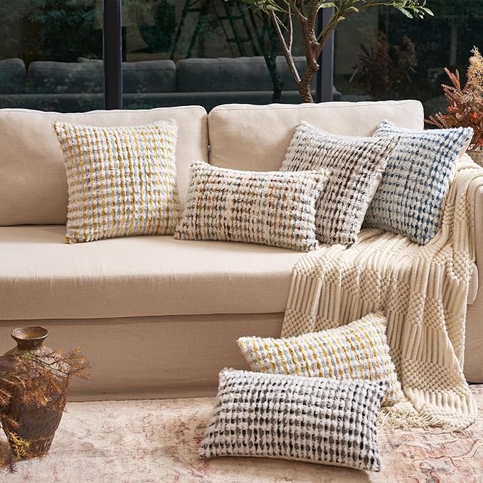 Aeckself Boho Chenille Tufted Pillow Cover 12 x 20 Inch, Rectangle Decorative Lumbar Throw Pillow Cover Neutral Pillowcase for Couch Bedroom Living Room, Brown White