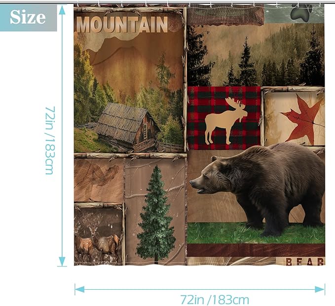 Aimego Farmhouse Cabin Shower Curtain - Rustic Western Brown Bear Deer Forest Plaid Check Moose Country Vintage Fabric Cloth Bath Shower Curtain Set with 12 Hooks for Bathroom Decor, 72"x72"