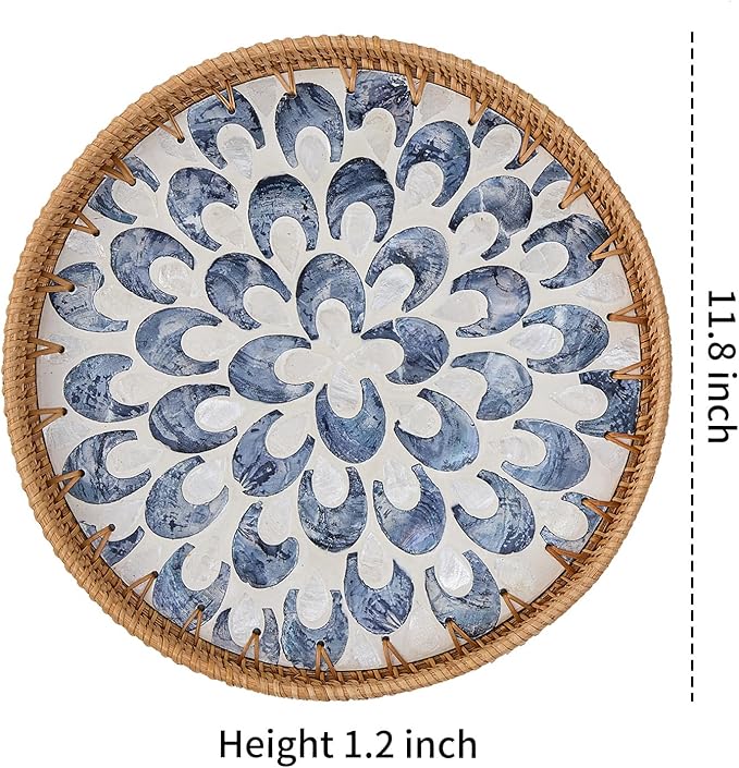 Round Rattan Tray for Home Decor 11.8 inch, Modern and Boho Decor Serving Tray with Mother of Pearl Inlay, Wicker Basket for Coffee Table, Hand Woven Decorative Tray Plates (Black)