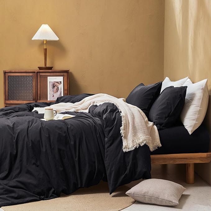 FOSSA Duvet Cover Set 100% Washed Cotton Linen Feel Super Soft Breathable Cozy 3 Pieces Bedding Sets Solid Black Super King Plus