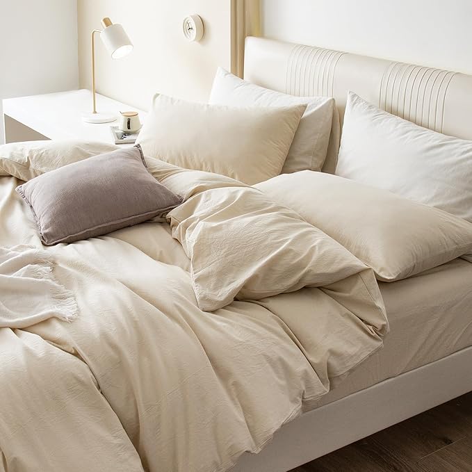 JIYUAN 100% Washed Cotton Duvet Cover Set 2 Pieces Twin, 1 Duvet Cover 68x90 Inches(Comforter Not Included) and 1 Pillowcases,Linen Feel Bedding Set Comfy and Breathable,Heathered Beige