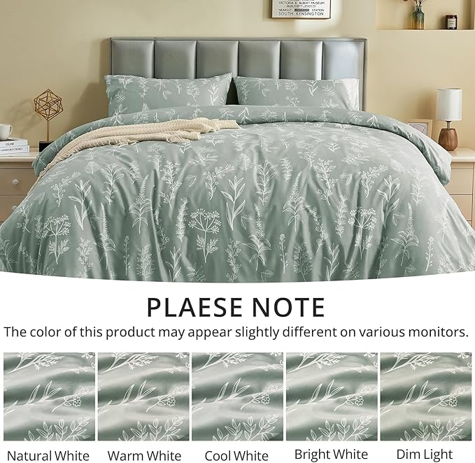 MUXHOMO Duvet Cover Queen Size, Reversible Floral Green Duvet Cover Set with Zipper Closure, 3 Pieces Botanical Patterns Soft Microfiber Bedding Set with 4 Ties (90"x90", 2 Pillow Cases)