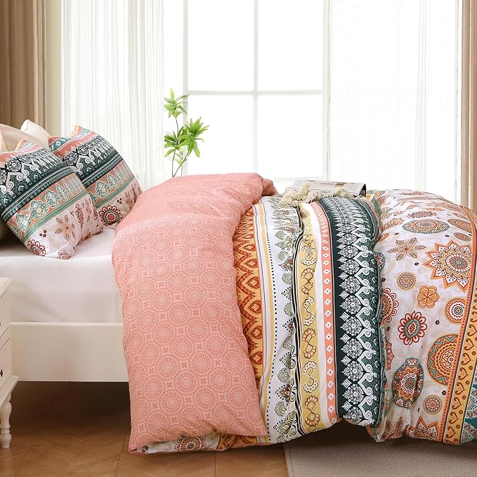 MUXHOMO Duvet Cover King Size, Reversible Floral Boho Flower Duvet Cover Set with Zipper Closure, 3 Pieces Botanical Patterns Soft Microfiber Bedding Set with 4 Ties (104"x90", 2 Pillow Cases)