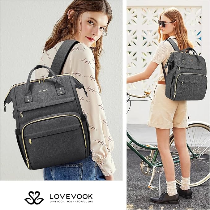 LOVEVOOK Laptop Backpack for Women,17 Inch Professional Womens Travel Backpack Purse Computer Laptop Bag Nurse Teacher Backpack,Waterproof College Work Bags Carry on Back Pack with USB Port,Dark Grey