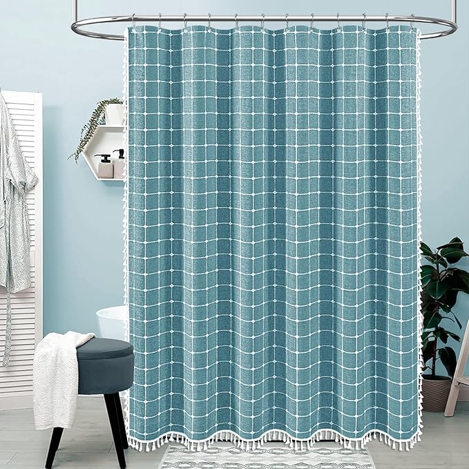BTTN Extra Long Shower Curtain, 72x96 Inch Long Boho Chic Linen Fabric Heavy Duty Shower Curtain Set with Hooks, Tall Bohemian Farmhouse Shabby Chic Cloth Shower Curtains for Bathroom - Teal/Turquoise