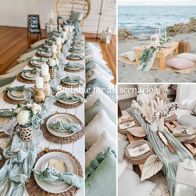 Sage Green Cheesecloth Table Runner 13.3FT Long Boho Table Runner Spring Easter Gauze Wedding Dining Table Decorations for Holiday Birthday Party Baby Shower Event Decorations