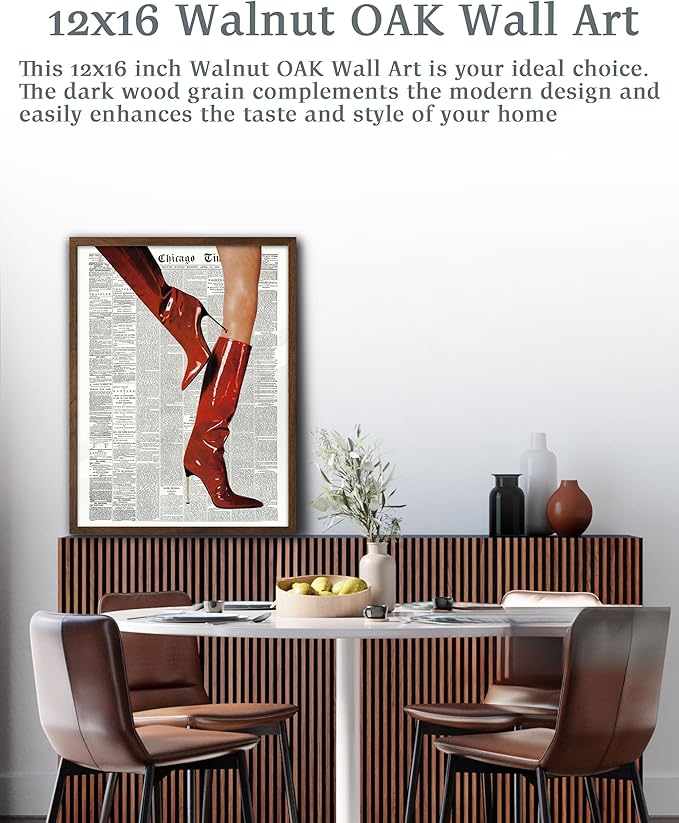 EcoHest Trendy Newspaper Red Boots Framed Wall Art, 12x16 in Walnut Color OAK Wood Fashion Icon Canvas Wall Art, Magazine Retro Home Decor, Set of 1 for Bedroom Living Room
