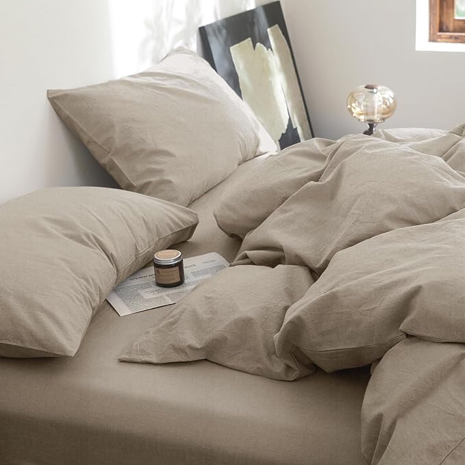 FOSSA Duvet Cover Set 100% Washed Cotton Linen Feel Super Soft Breathable Cozy 3 Pieces Bedding Sets Solid Tannish Linen Grey Oversized King Plus