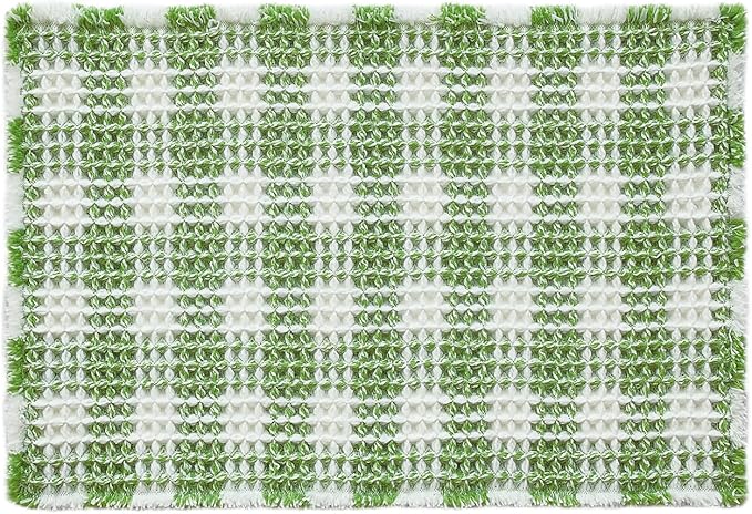 Waffle Bath Mat, Boho Bathroom Rugs Non Slip Washable Absorbent Checkered Bathroom Mat Quick Dry Cute Bath Mat, 36"x24" Green and White