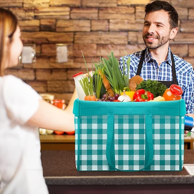 WISELIFE Reusable Grocery Shopping Bags 10 Pack Large Foldable Tote Bags Bulk, Long Handle for Shopping Groceries Clothes (Plaid C)