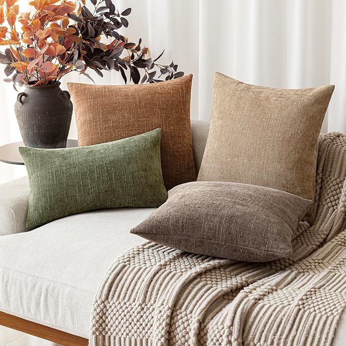 Foindtower Pack of 2 Textured Chenille Throw Decorative Pillow Covers Square Accent Solid Cushion Cover Neutral Farmhouse Lumbar Pillow Case for Couch Sofa Bedroom Living Room 12x20 Inch,Dark Green