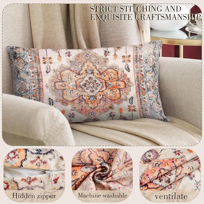 Boho Throw Pillow Covers 12x20 inch Set of 2,Boho Vintage Carpet Pattern Antique Ethnic Decor Double Sided Pattern Cushion Cover Soft Pillow Case Living Sofa Room Bed Square Pillow Cover