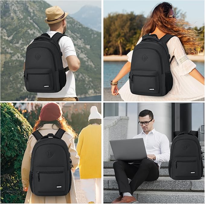 Black Backpack for Men and Women, School Backpack Teens Boys and Girls 15.6 Inch Laptop Bookbag with USB Charger for High School College Work Travel Business