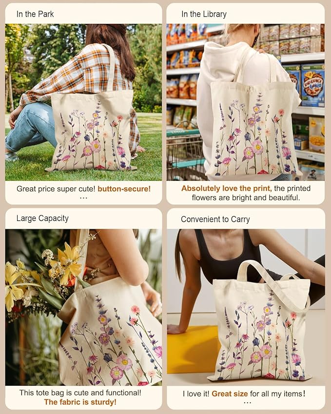 Aesthetic Tote Bag for Girls - with Magnetic Buckle and Zipper Inner Pocket for Women Lady Canvas Cotton Tote Bag