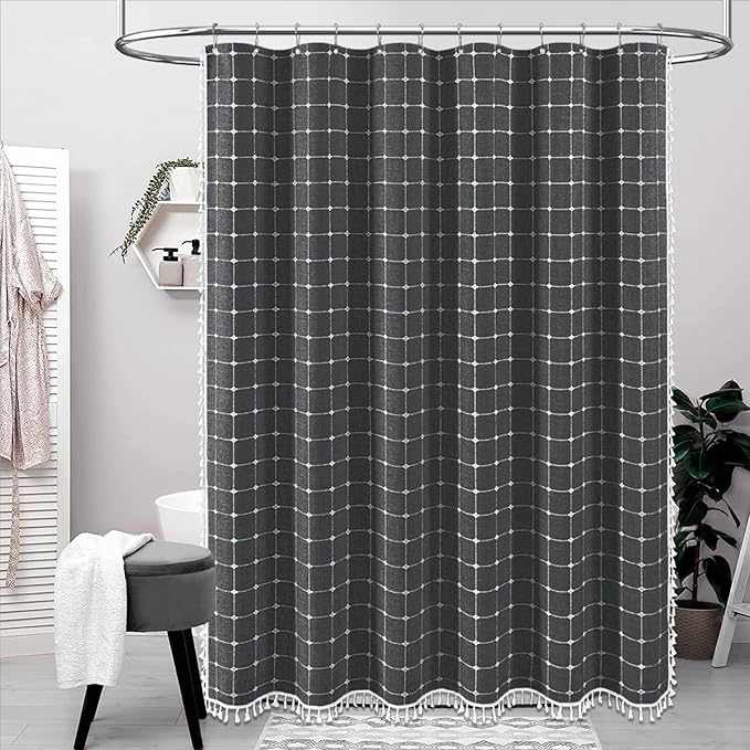 BTTN 78 Inch Long Shower Curtain - Gray Boho Farmhouse Linen Ultra Thick Fabric Shower Curtain Set with Hooks, Tall Rustic Country Weighted Cloth Shower Curtains for Bathroom - Charcoal Grey - 72x78