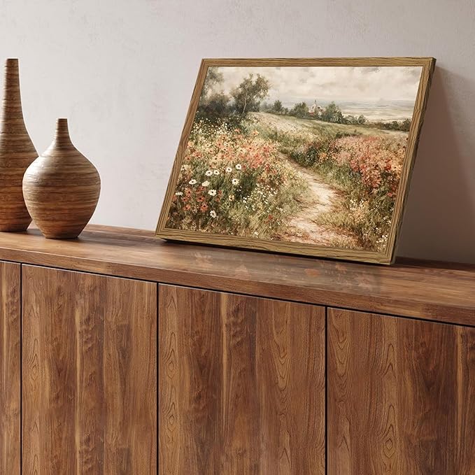 Framed 3D Textured Wall Art, Vintage Landscape Wall Decor Painting, Hand Drawn Sandstone Country Watercolor Floral Pictures Artwork for Living Room Bedroom Home Decor 12x16 inch Wood Frame