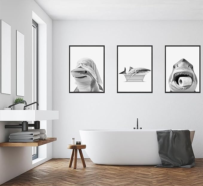 3pcs Black And White Shark Bathroom Canvas wall art Funny ocean Animal bathtub Paintings Pictures Wall Decor Modern Poster Printing Artwork for Restroom Toilet Home Decoration Unframed