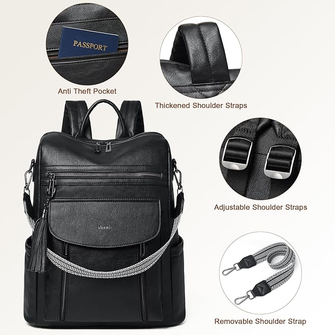 Shrrie Laptop Backpack for Women 15.6 inch,Travel Leather Backpack Purse Nurse Teacher Carry on Backpack Computer Bag,Professional Water-Resistant College Business Work Casual Daypack,Two-tone Black