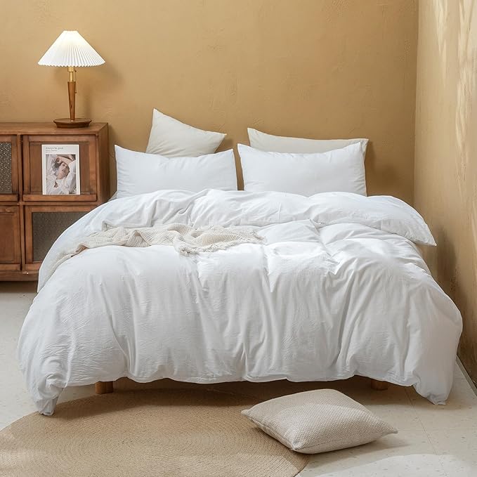 FOSSA Duvet Cover Set 100% Washed Cotton Linen Feel Super Soft Breathable Cozy 3 Pieces Bedding Sets Solid Bright White Full/Double