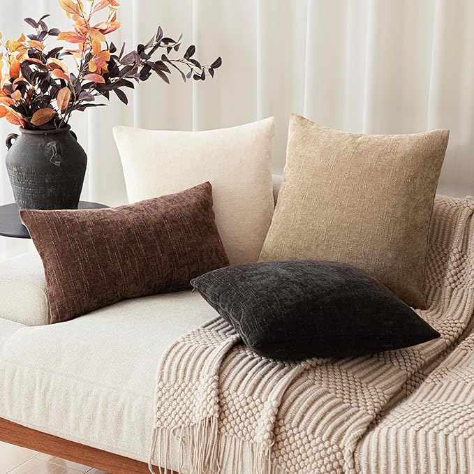 Foindtower Pack of 2 Textured Chenille Throw Decorative Pillow Covers Square Accent Solid Cushion Cover Neutral Farmhouse Lumbar Pillow Case for Couch Sofa Bedroom Living Room 12x20 Inch,Red Brown