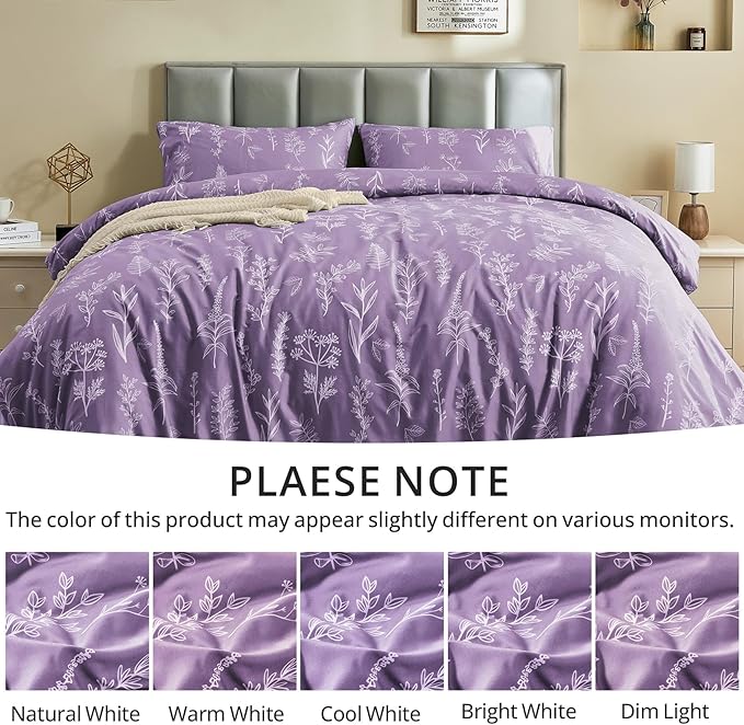 MUXHOMO Duvet Cover Queen Size, Reversible Floral Grayish Purple Duvet Cover Set with Zipper Closure, 3 Pieces Botanical Patterns Soft Microfiber Bedding Set with 4 Ties (90"x90", 2 Pillow Cases)