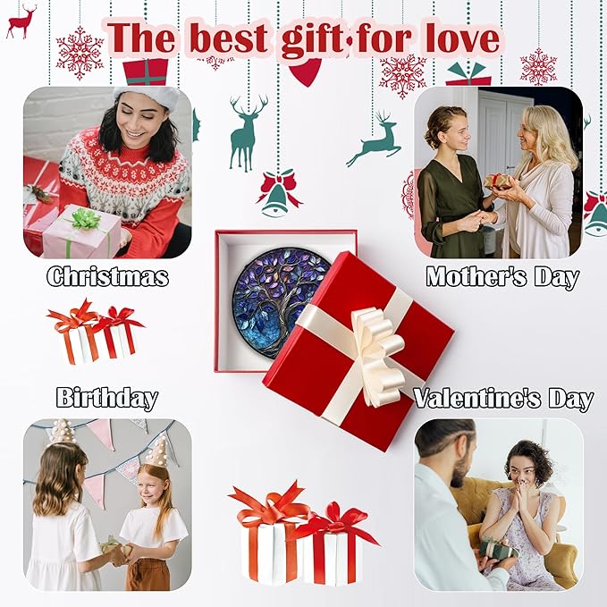 Stained Glass Window Hanging, Blue Purple Tree of Life Sun Catchers Colorful Glass Panel Plants Suncatcher Decor for Birthday for Women,Men,Wife, Lovers, and Mom 14.9x14.9 in