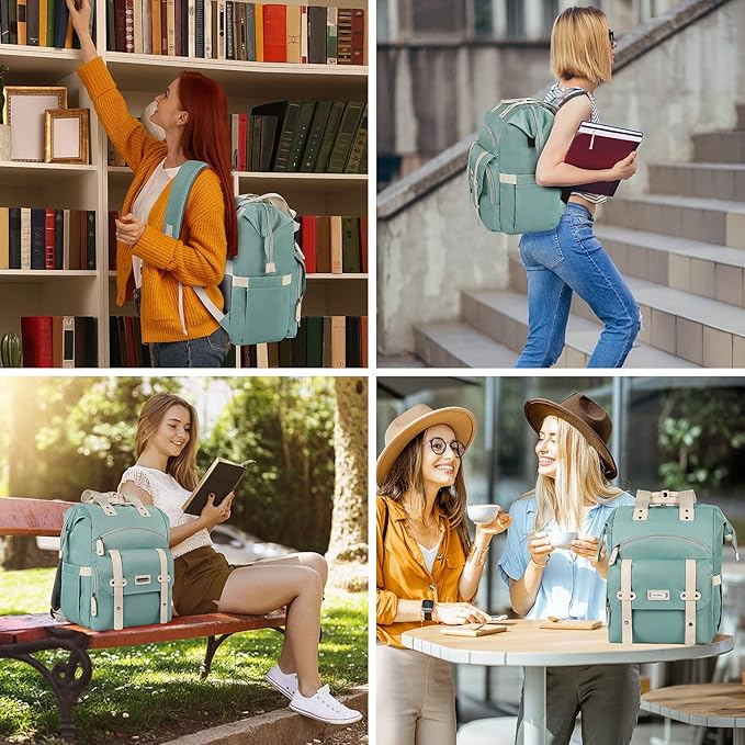 FALANKO Laptop Backpack for Women,Doctor Teacher Nurse Work Bookbag for 15.6 Inch Laptop,Large Travel Wide Open College Shoulder Purse Bag With RFID Anti Theft USB Charging Port-Green