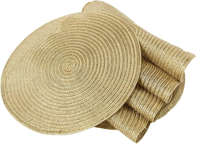 SHACOS Glitter Gold Round Braided Placemats Set of 8 Sparkle Washable 15 inch Round Table Mats Woven Place Mats for Christmas Party Dining Table Decor (Gold, 8)