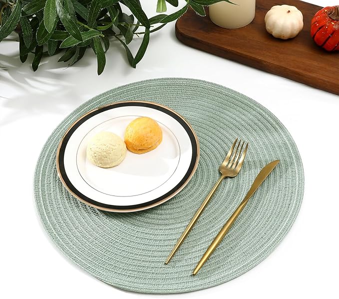 SHACOS Round Placemats Set of 4 Woven Braided Table Placemats 15 inch Cotton Polyester Place Mats Washable Table Mats Indoor Outdoor, Sage Green