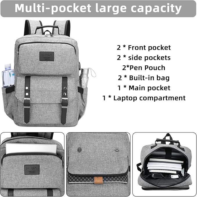 HFSX Laptop Backpack Women Men College Backpacks Bookbag Vintage Backpack Book Bag Fashion Back Pack Anti Theft Travel Backpacks with Charging Port fit 15.6 Inch Laptop Grey