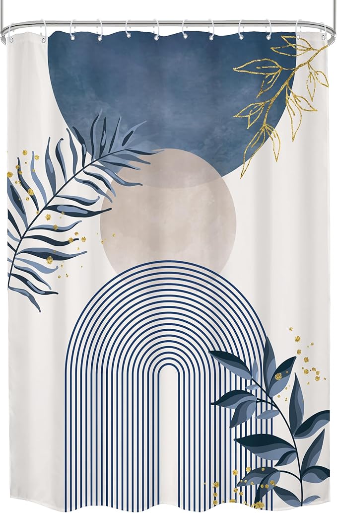 Blue Gray Boho Shower Curtain 72Wx96H Extra Long Modern Bohemian Abstract Dusty Blue Gold Leaves Mid Century Plant Bathroom Decor Minimalist Geometric Bath Curtain Fabric Polyester 12 Pack Hook