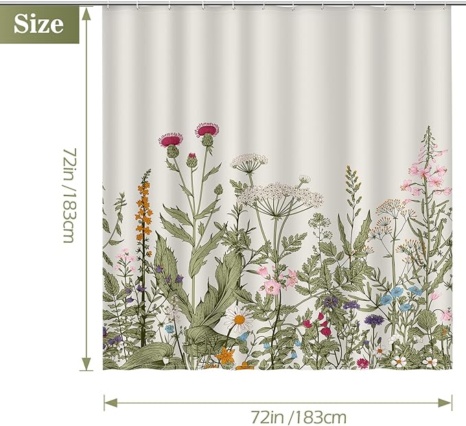Aimego Spring Floral Shower Curtain- Sage Green Plant Leaves Wildflower Nature Botanical Flower Fabric Cloth Bath Shower Curtain Set with 12 Hooks for Bathroom Decor Accessories, 72"x72"