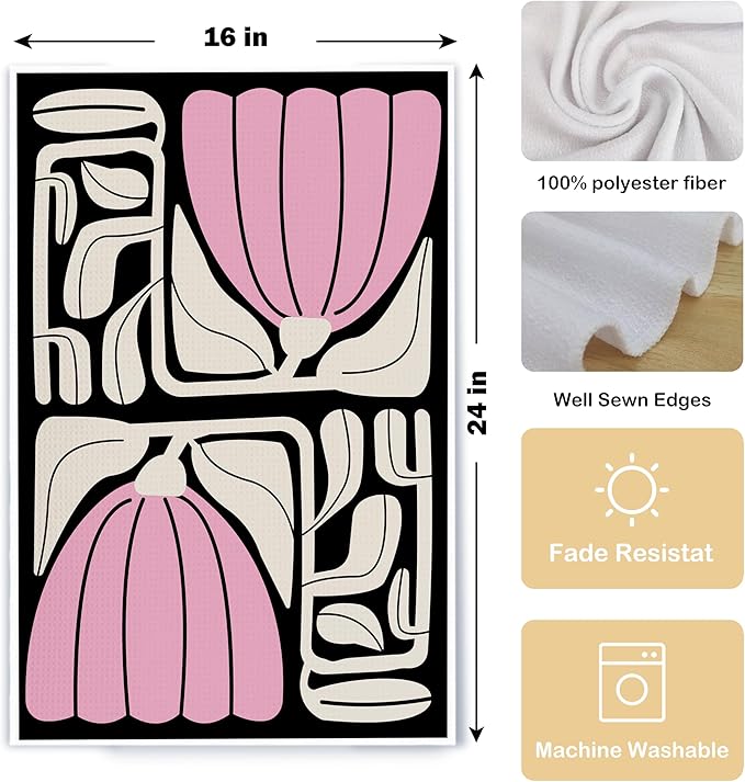 Abstract Boho Pink and Beige Floral Kitchen Towels Set of 2, Retro 70s Groovy Floral Hand Towels for Bathroom Decor, Modern Minimalist Botanical Dish Tea Towels for Kitchen Decor, 16x24 Inch