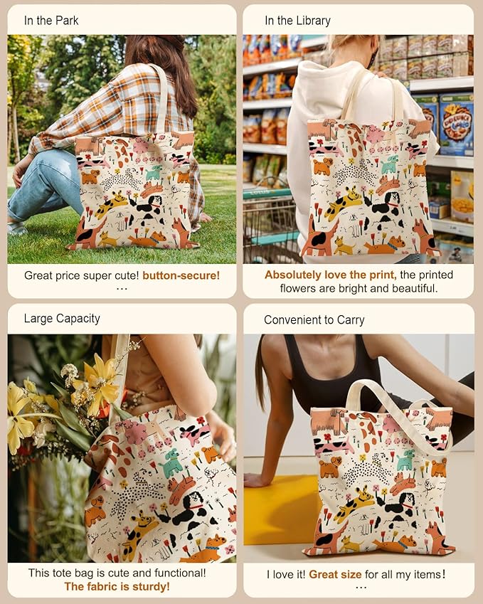 Aesthetic Tote Bag for Girls - with Magnetic Buckle and Zipper Inner Pocket for Women Lady Canvas Cotton Tote Bag