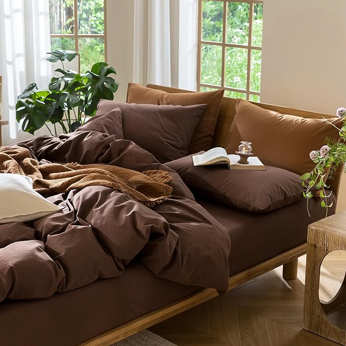 MooMee Bedding Duvet Cover Set 100% Washed Cotton Linen Like Textured Breathable Durable Soft Comfy (Solid Cocoa Brown, Palatial King/Oversized King 120"x98")