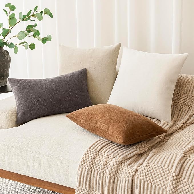 Foindtower Pack of 2 Soft Textured Chenille Throw Decorative Pillow Covers Lumbar Accent Solid Cushion Cover Cozy Farmhouse Pillow Case with Zippe for Couch Sofa Bed Living Room 12x20 Inch, Charcoal