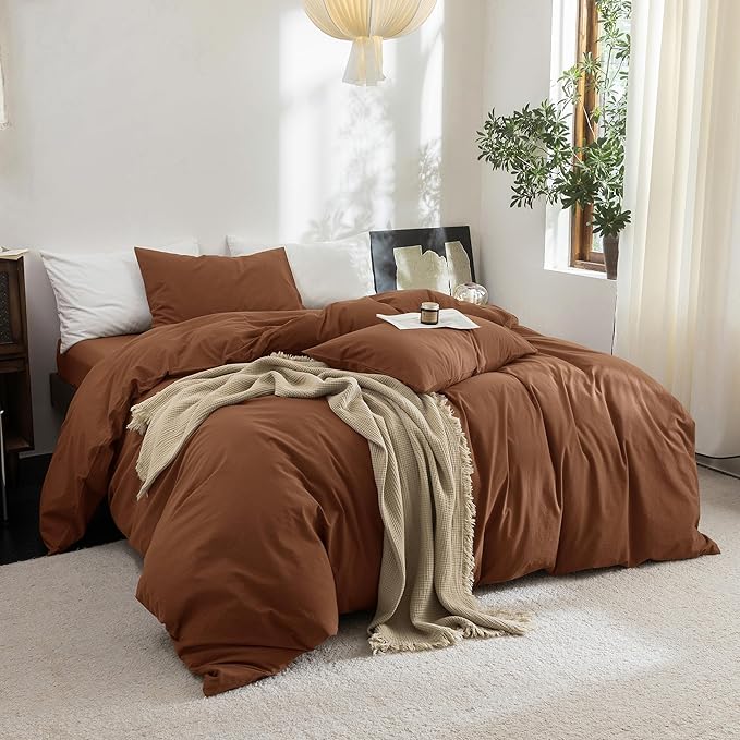 FOSSA Duvet Cover Set 100% Washed Cotton Linen Feel Super Soft Breathable Cozy 3 Pieces Bedding Sets Solid Dark Orange Oversized King